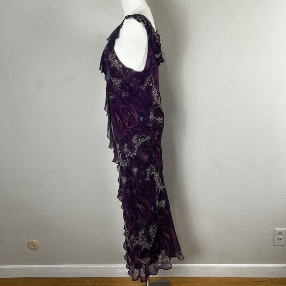 Lena Medoyeff Maxi Dress 100%‎ Silk Purple Paisley V-Neck Ruffle Layered Size 6 - Picture 5 of 11
